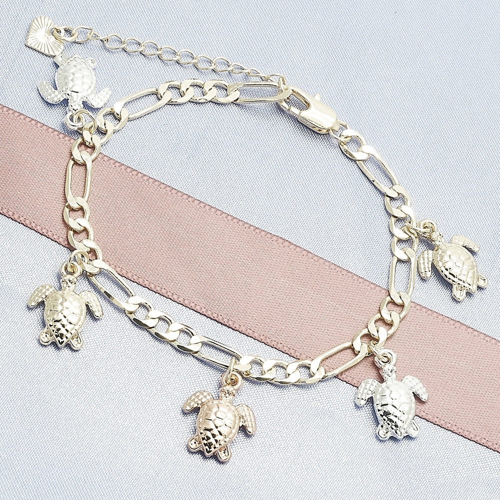 Oro Laminado Charm Bracelet, Gold Filled Style Turtle Design, Polished, Tricolor