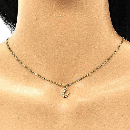 Oro Laminado Fancy Pendant, Gold Filled Style Initials Design, with White Micro Pave, Polished, Golden Finish
