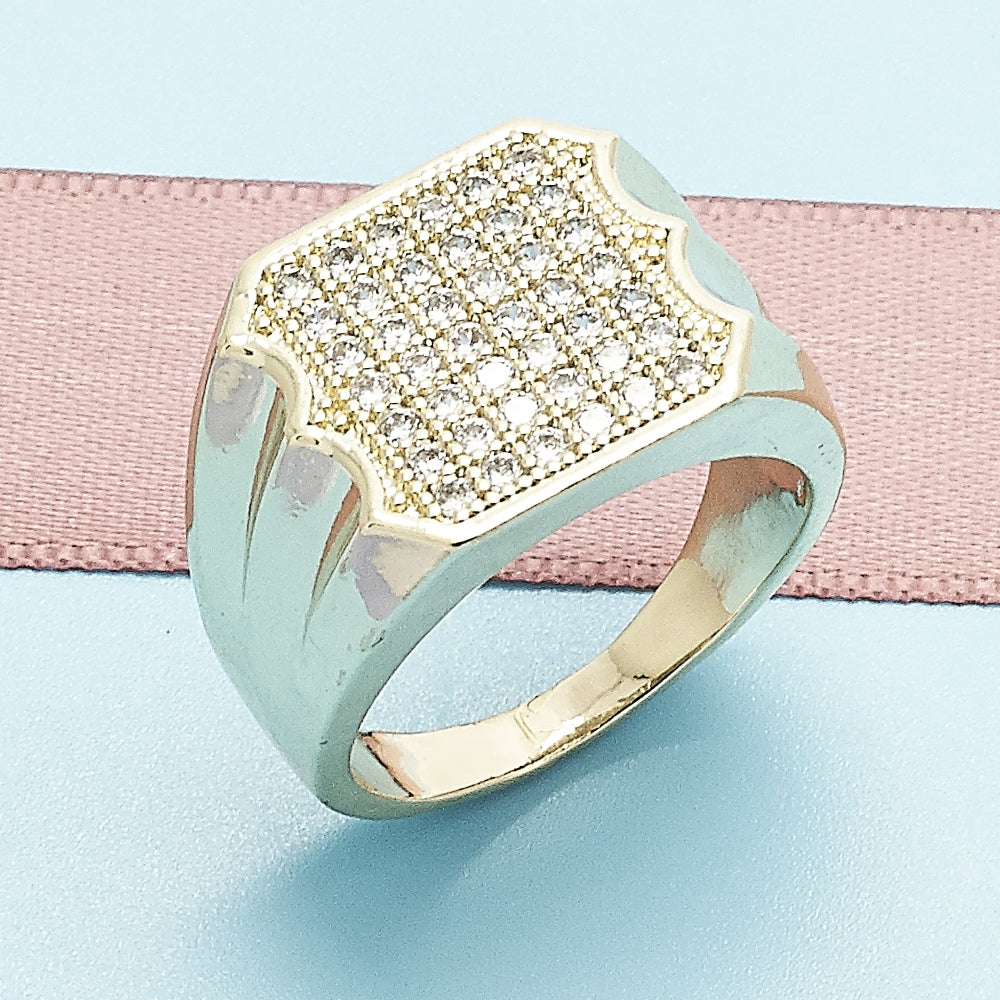 Oro Laminado Mens Ring, Gold Filled Style with White Micro Pave, Polished, Golden Finish