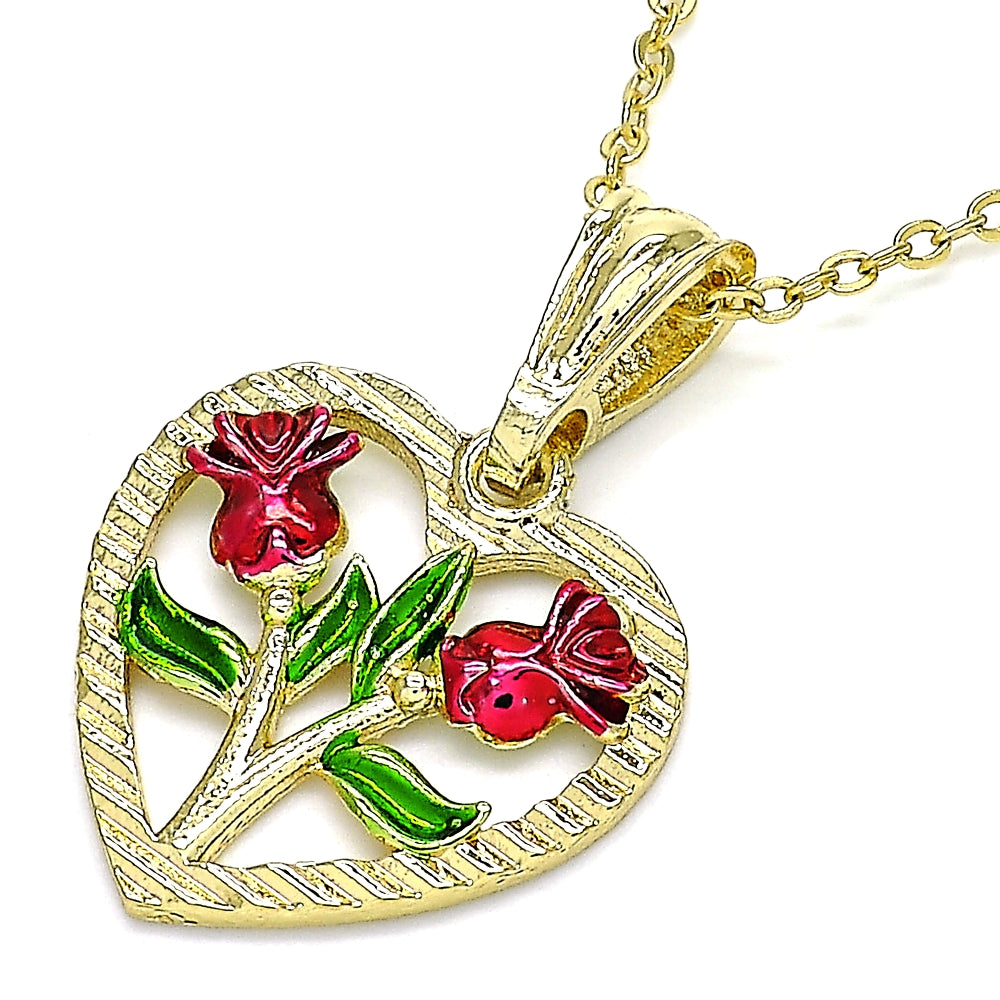 Oro Laminado Fancy Pendant, Gold Filled Style Heart and Flower Design, Polished, Tricolor