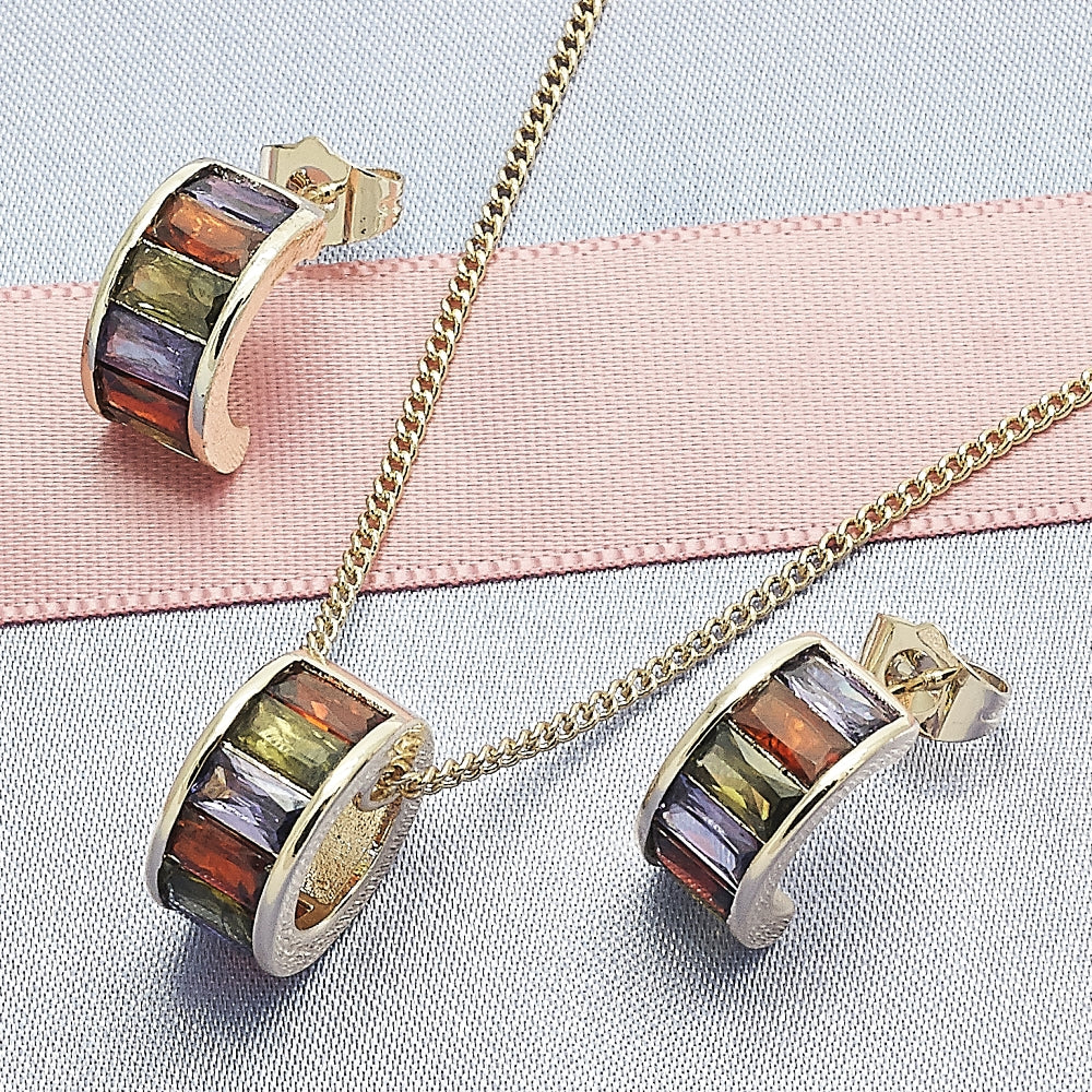 Oro Laminado Earring and Pendant Adult Set, Gold Filled Style Baguette Design, with Multicolor Cubic Zirconia, Polished, Golden Finish