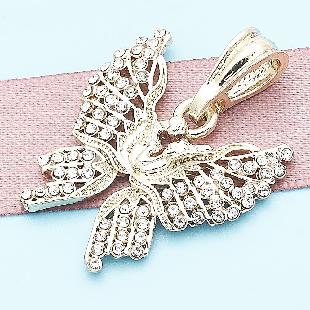 Oro Laminado Fancy Pendant, Gold Filled Style Butterfly Design, with White Crystal, Polished, Golden Finish