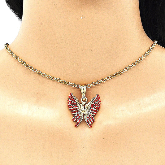 Oro Laminado Fancy Pendant, Gold Filled Style Butterfly Design, with Garnet Crystal, Polished, Golden Finish