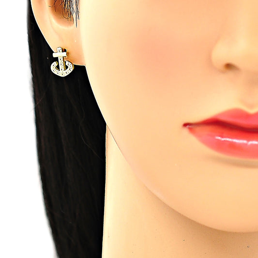 Oro Laminado Stud Earring, Gold Filled Style Anchor Design, with White Micro Pave, Polished, Golden Finish