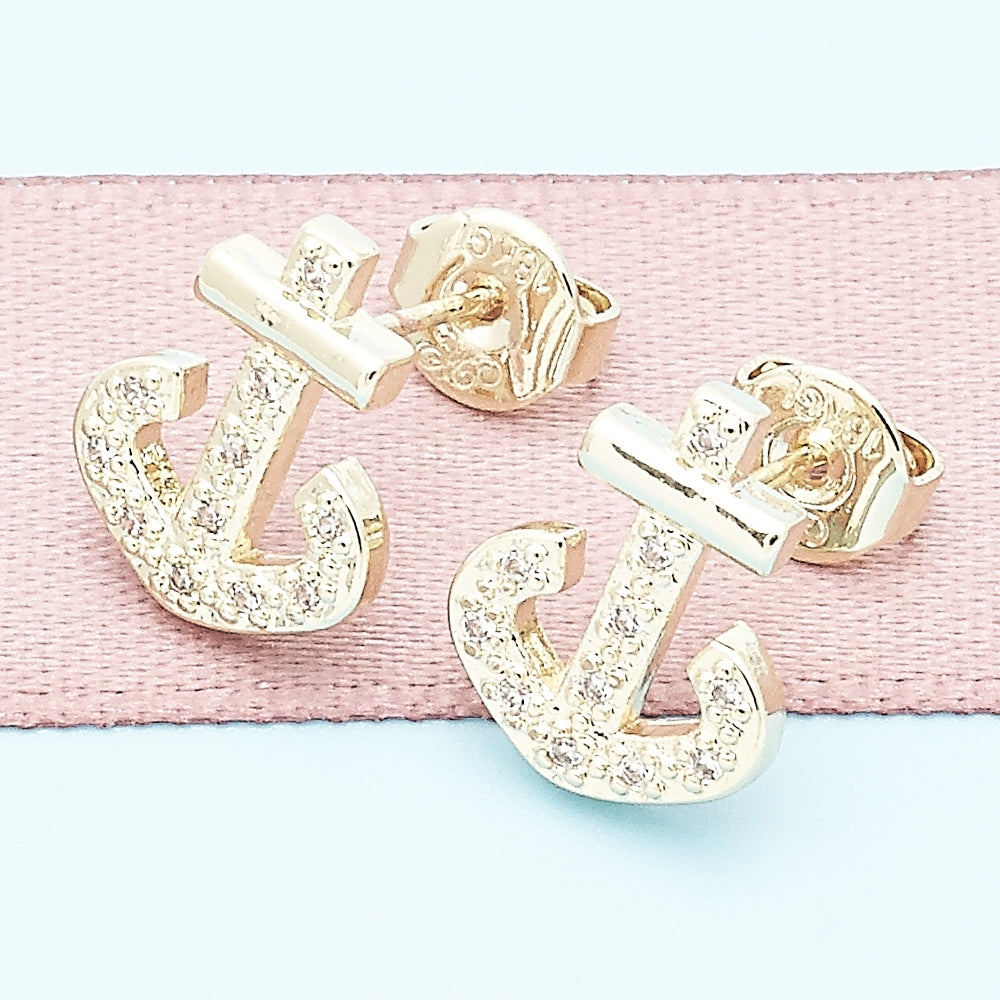 Oro Laminado Stud Earring, Gold Filled Style Anchor Design, with White Micro Pave, Polished, Golden Finish
