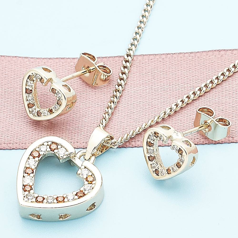 Oro Laminado Earring and Pendant Adult Set, Gold Filled Style Heart Design, with Garnet and White Micro Pave, Polished, Golden Finish