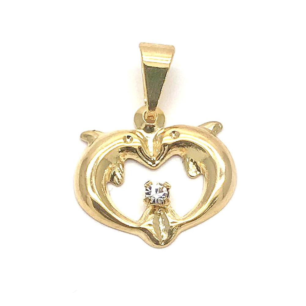 Oro Laminado Fancy Pendant, Gold Filled Style Dolphin and Heart Design, with White Cubic Zirconia, Polished, Golden Finish