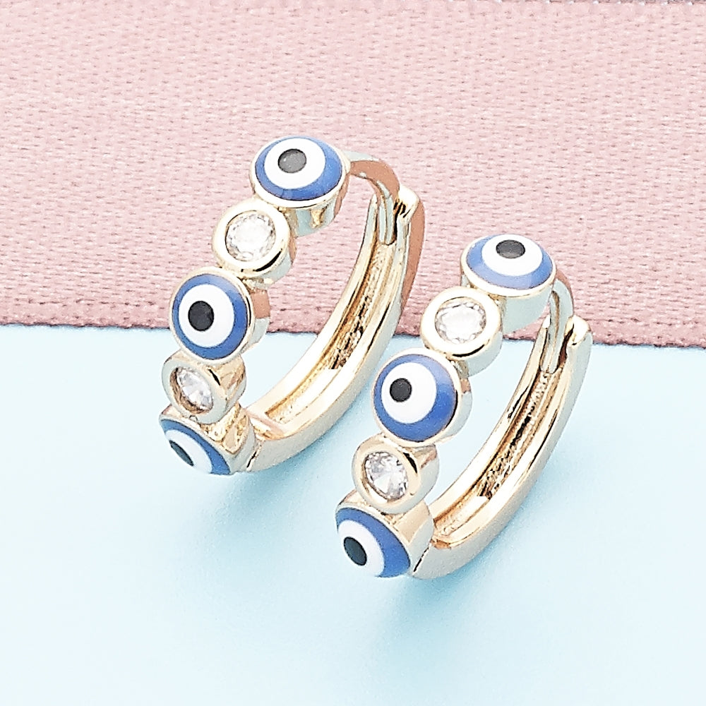 Oro Laminado Huggie Hoop, Gold Filled Style Evil Eye Design, with White Cubic Zirconia, Blue Enamel Finish, Golden Finish