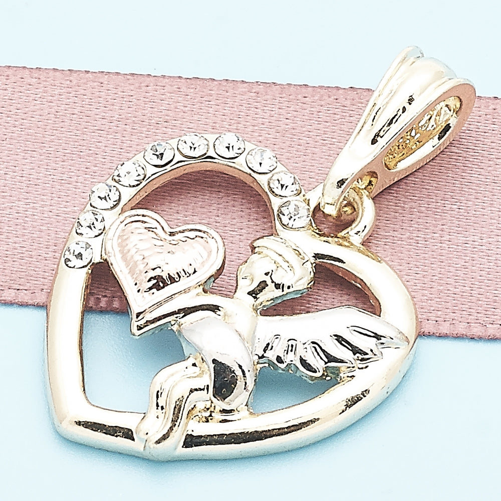 Oro Laminado Religious Pendant, Gold Filled Style Angel and Heart Design, with White Crystal, Polished, Tricolor