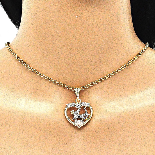 Oro Laminado Religious Pendant, Gold Filled Style Angel and Heart Design, with White Crystal, Polished, Tricolor