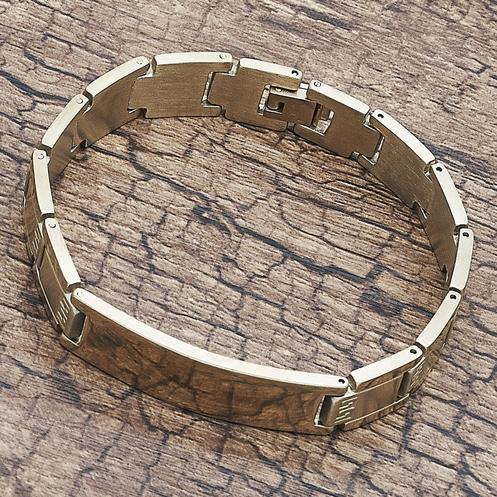 Stainless Steel Solid Bracelet, Greek Key Design, Polished, Golden Finish