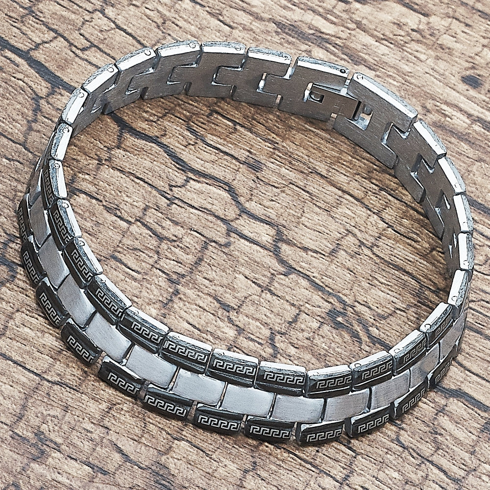 Stainless Steel Solid Bracelet, Greek Key Design, Polished, Two Tone