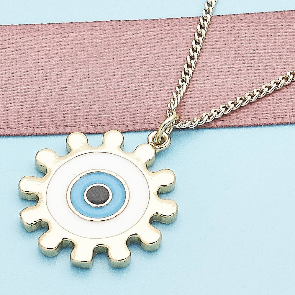 Oro Laminado Pendant Necklace, Gold Filled Style Evil Eye and Sun Design, White Enamel Finish, Golden Finish