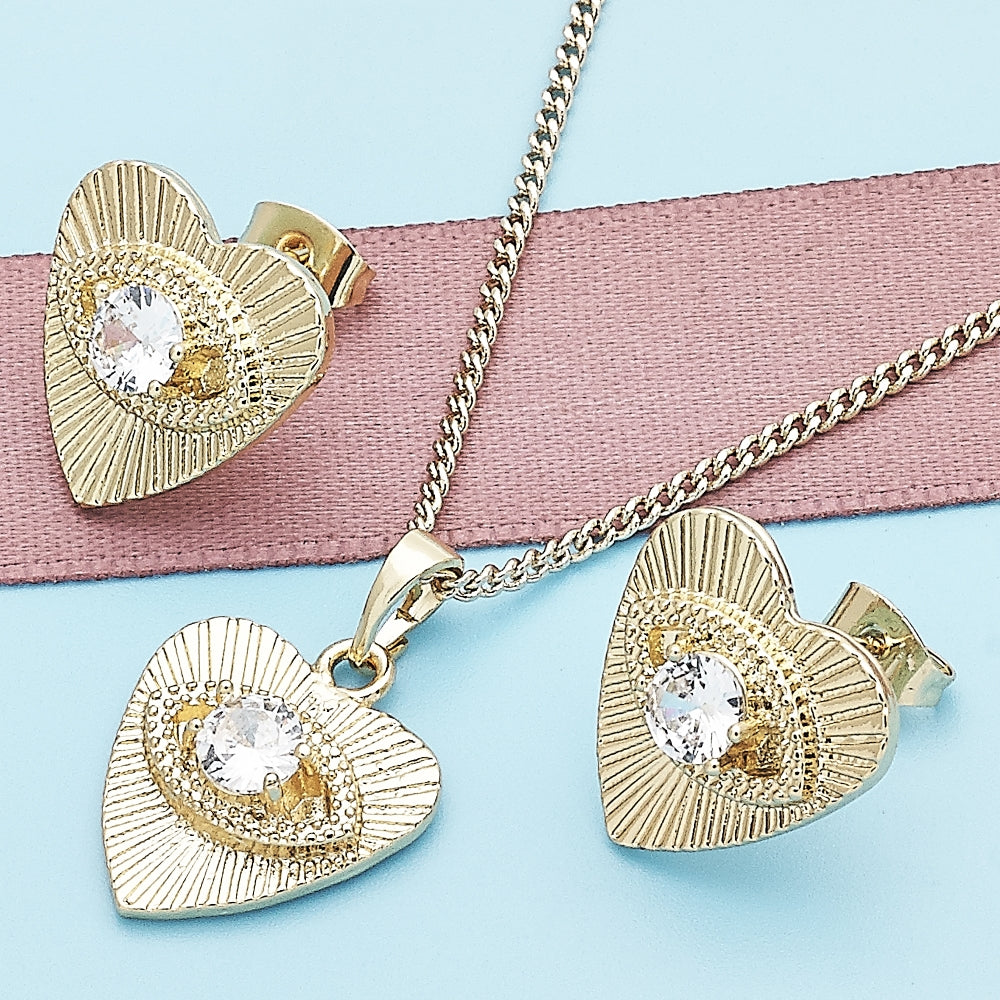 Oro Laminado Earring and Pendant Adult Set, Gold Filled Style Evil Eye and Heart Design, with White Cubic Zirconia, Polished, Golden Finish