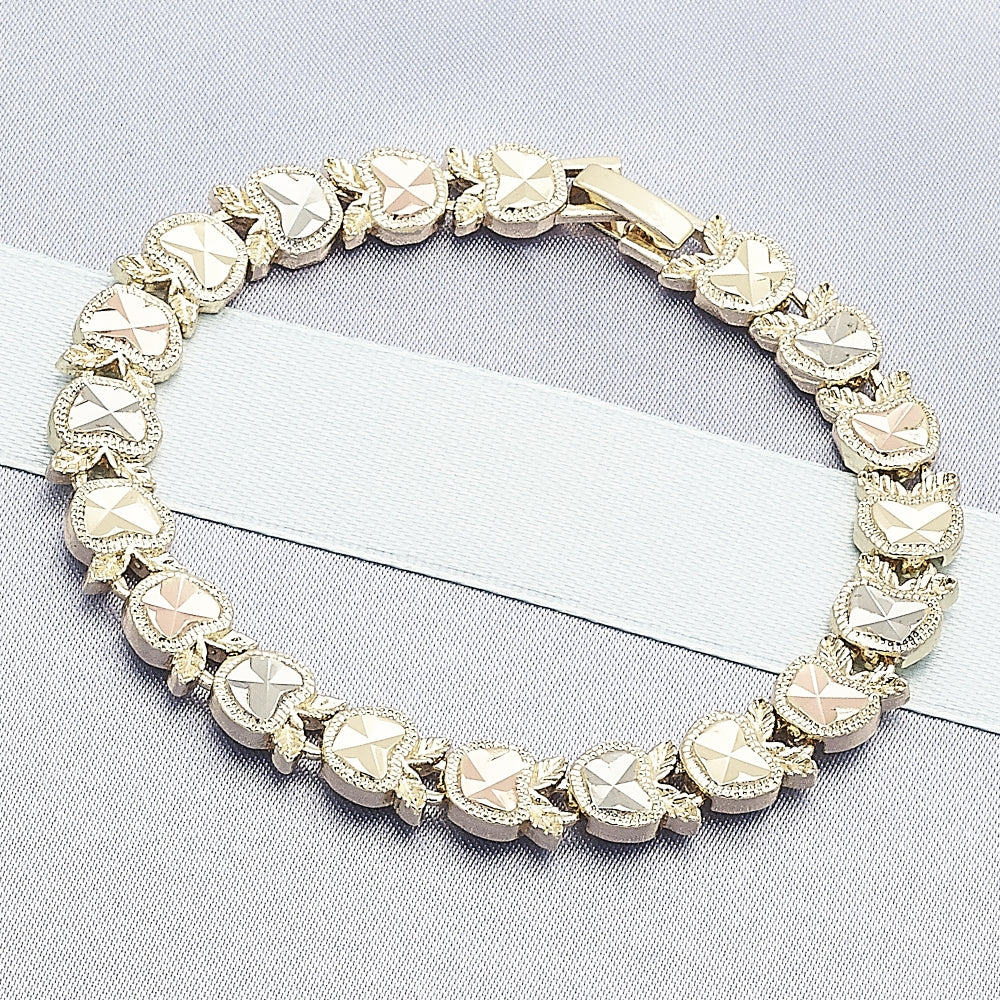 Oro Laminado Fancy Bracelet, Gold Filled Style Apple Design, Diamond Cutting Finish, Tricolor