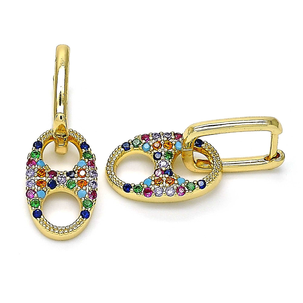 Oro Laminado Huggie Hoop, Gold Filled Style Puff Mariner Design, with Multicolor Cubic Zirconia, Polished, Golden Finish