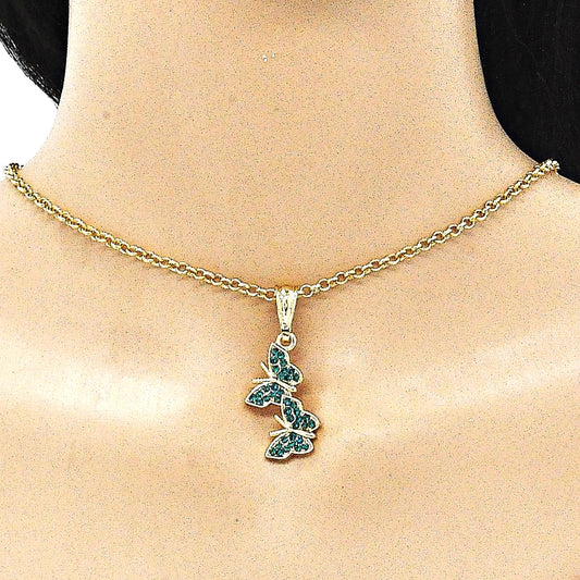 Oro Laminado Fancy Pendant, Gold Filled Style Butterfly Design, with Blue Zircon Crystal, Polished, Golden Finish