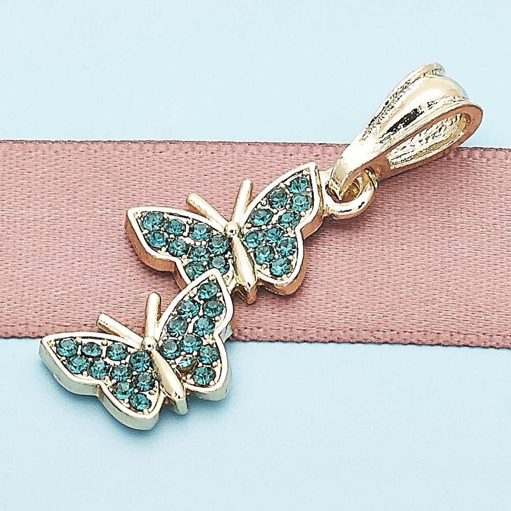 Oro Laminado Fancy Pendant, Gold Filled Style Butterfly Design, with Blue Zircon Crystal, Polished, Golden Finish