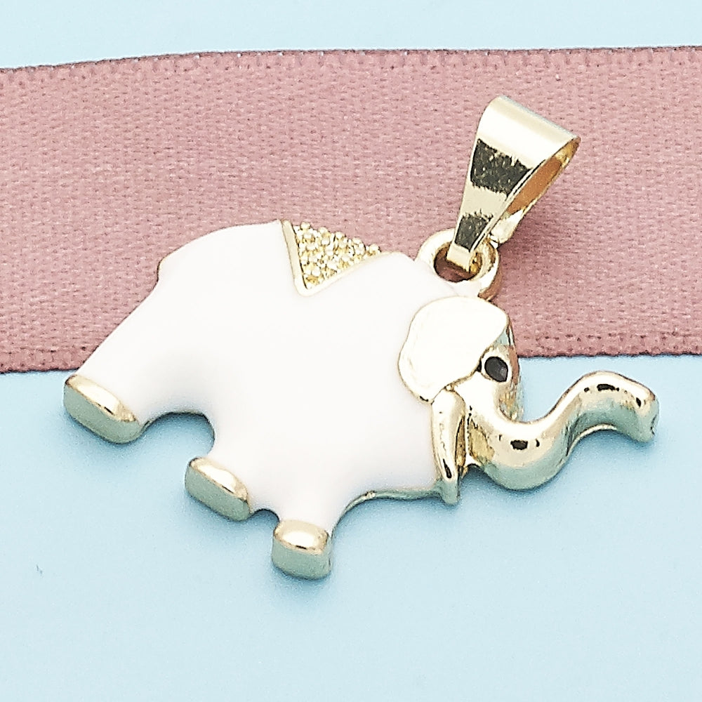 Oro Laminado Fancy Pendant, Gold Filled Style Elephant Design, White Enamel Finish, Golden Finish