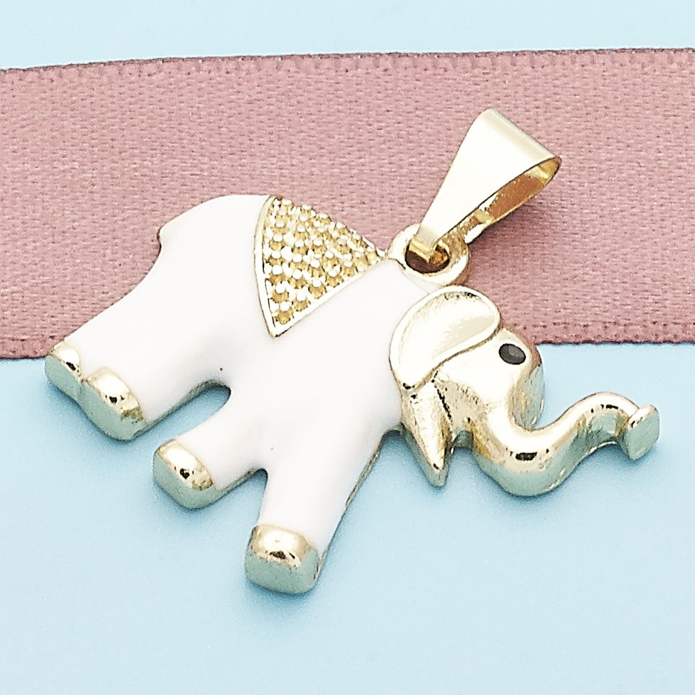 Oro Laminado Fancy Pendant, Gold Filled Style Elephant Design, White Enamel Finish, Golden Finish