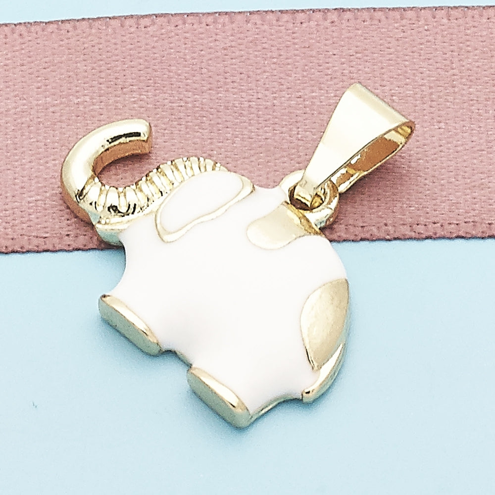 Oro Laminado Fancy Pendant, Gold Filled Style Elephant Design, White Enamel Finish, Golden Finish
