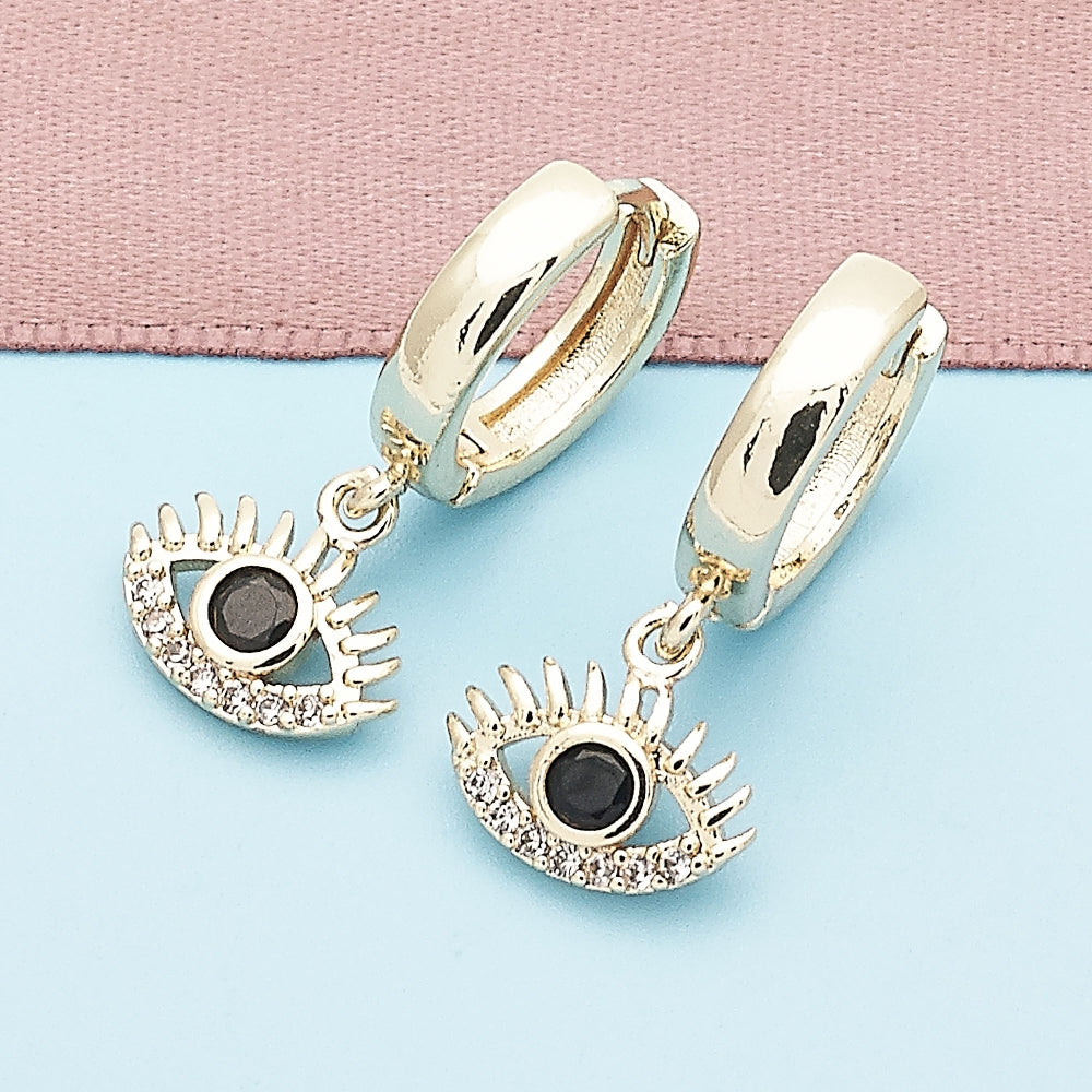 Oro Laminado Huggie Hoop, Gold Filled Style Evil Eye Design, with Black Cubic Zirconia and White Micro Pave, Polished, Golden Finish