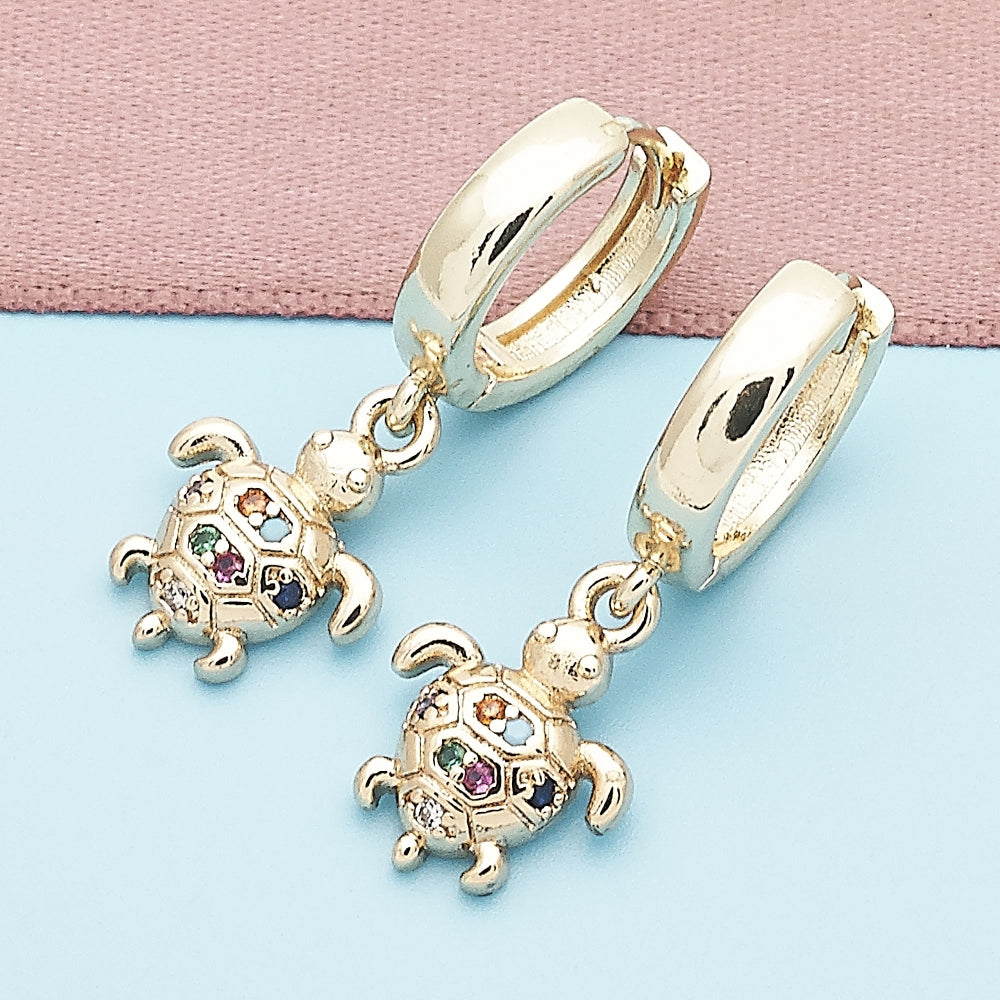 Oro Laminado Huggie Hoop, Gold Filled Style Turtle Design, with Multicolor Micro Pave, Polished, Golden Finish