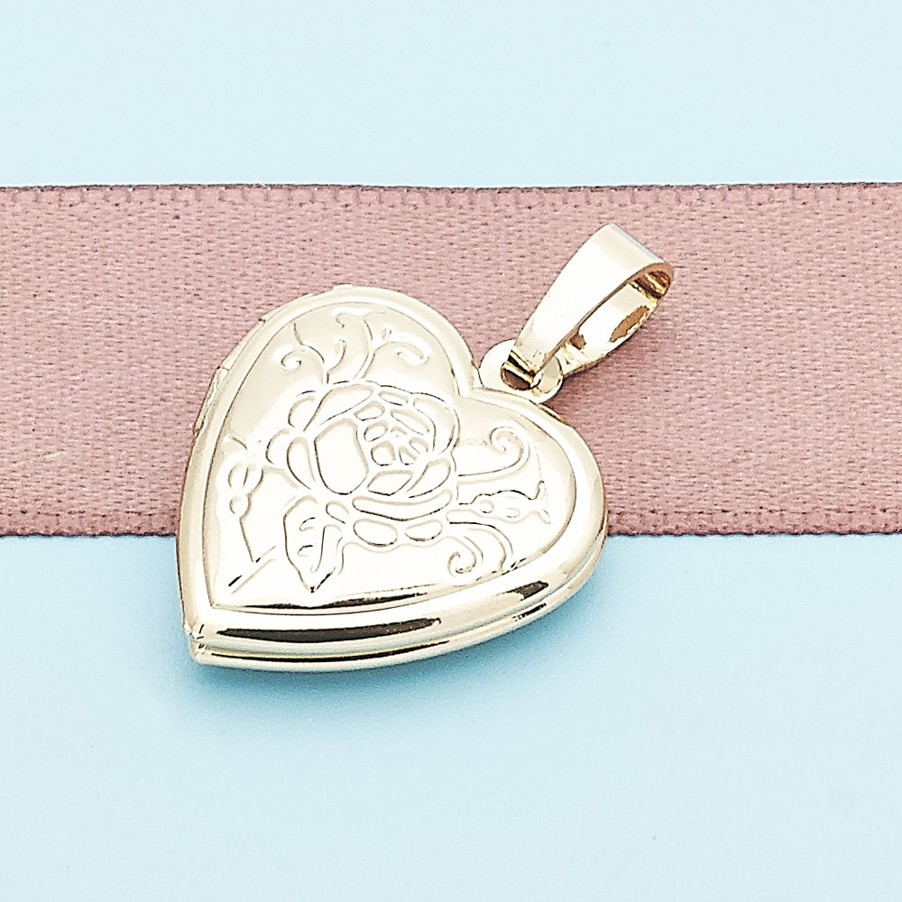 Oro Laminado Locket Pendant, Gold Filled Style Heart and Flower Design, Polished, Golden Finish