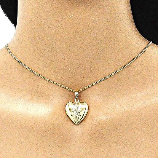 Oro Laminado Locket Pendant, Gold Filled Style Heart and Virgen Maria Design, Polished, Golden Finish