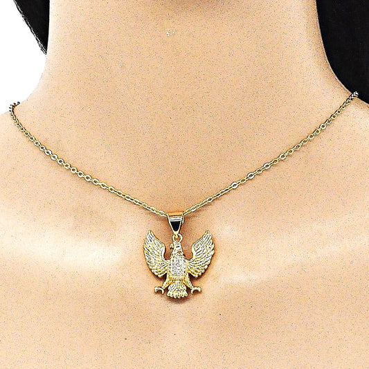 Oro Laminado Fancy Pendant, Gold Filled Style Eagle Design, with White Micro Pave, Polished, Golden Finish