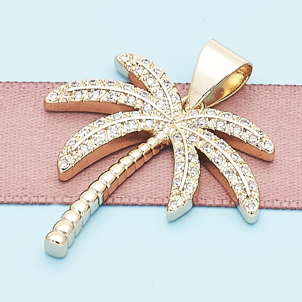 Oro Laminado Fancy Pendant, Gold Filled Style Palm Tree Design, with White Micro Pave, Polished, Golden Finish