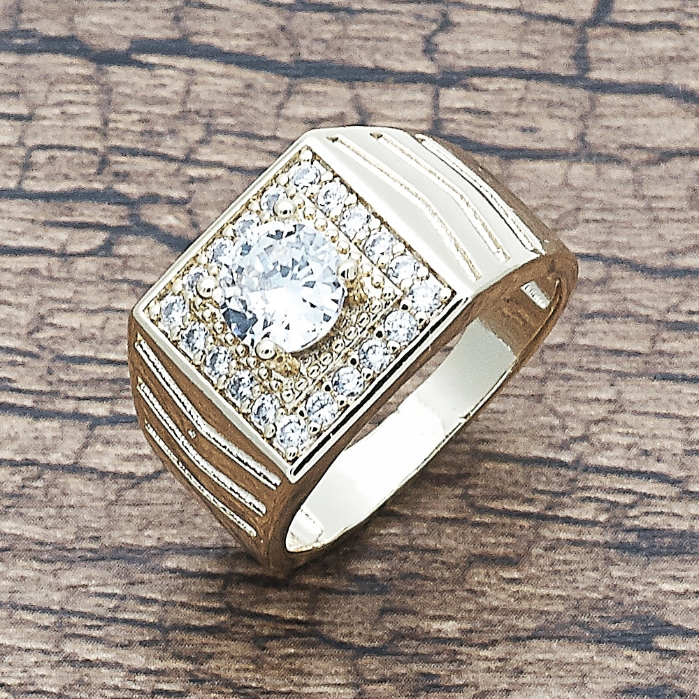 Oro Laminado Mens Ring, Gold Filled Style with White Cubic Zirconia, Polished, Golden Finish