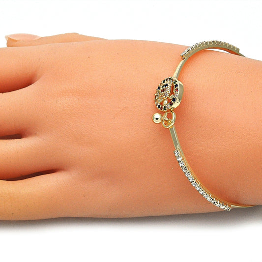 Oro Laminado Individual Bangle, Gold Filled Style Turtle Design, with Multicolor Micro Pave and White Crystal, Polished, Golden Finish