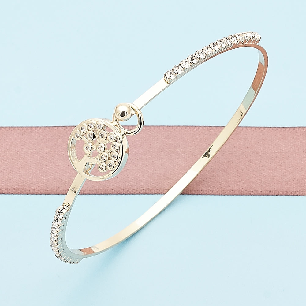 Oro Laminado Individual Bangle, Gold Filled Style Tree Design, with White Micro Pave and White Crystal, Polished, Golden Finish