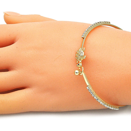 Oro Laminado Individual Bangle, Gold Filled Style Turtle Design, with White and Garnet Micro Pave, Polished, Golden Finish