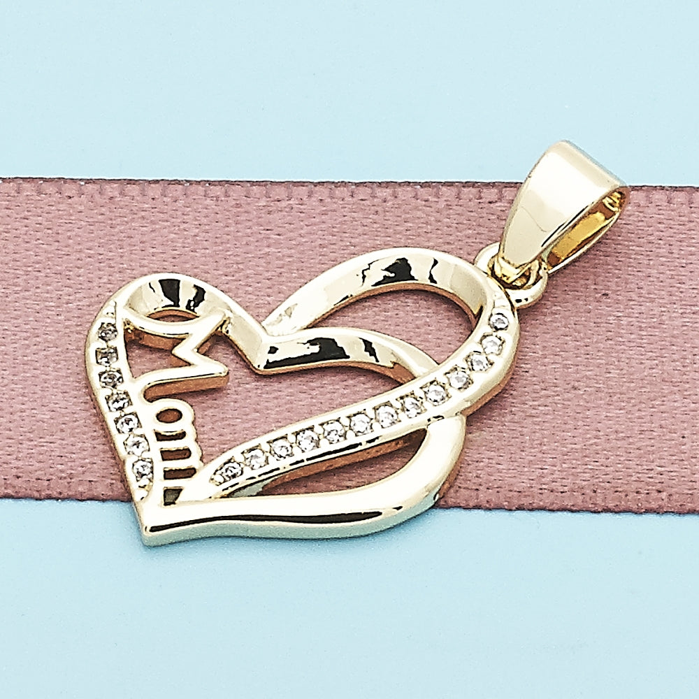 Oro Laminado Fancy Pendant, Gold Filled Style Mom and Heart Design, with White Micro Pave, Polished, Golden Finish