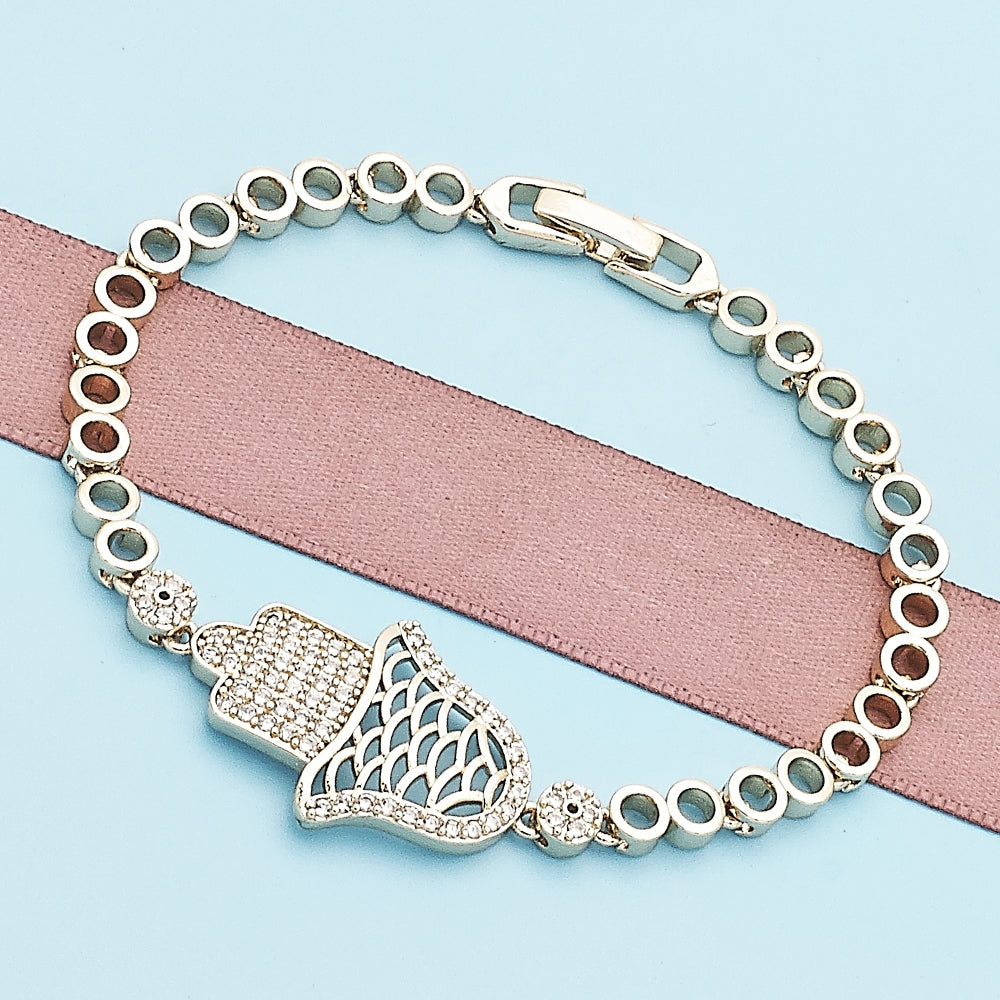 Oro Laminado Fancy Bracelet, Gold Filled Style Judaica and Hand of God Design, with White Micro Pave, Polished, Golden Finish