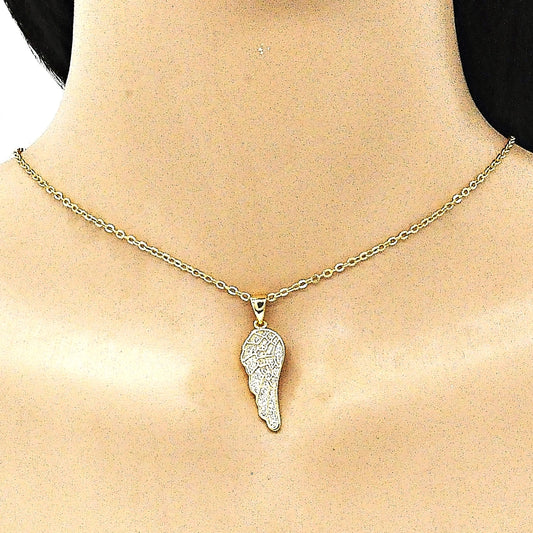 Oro Laminado Fancy Pendant, Gold Filled Style Wings Design, with White Micro Pave, Polished, Golden Finish