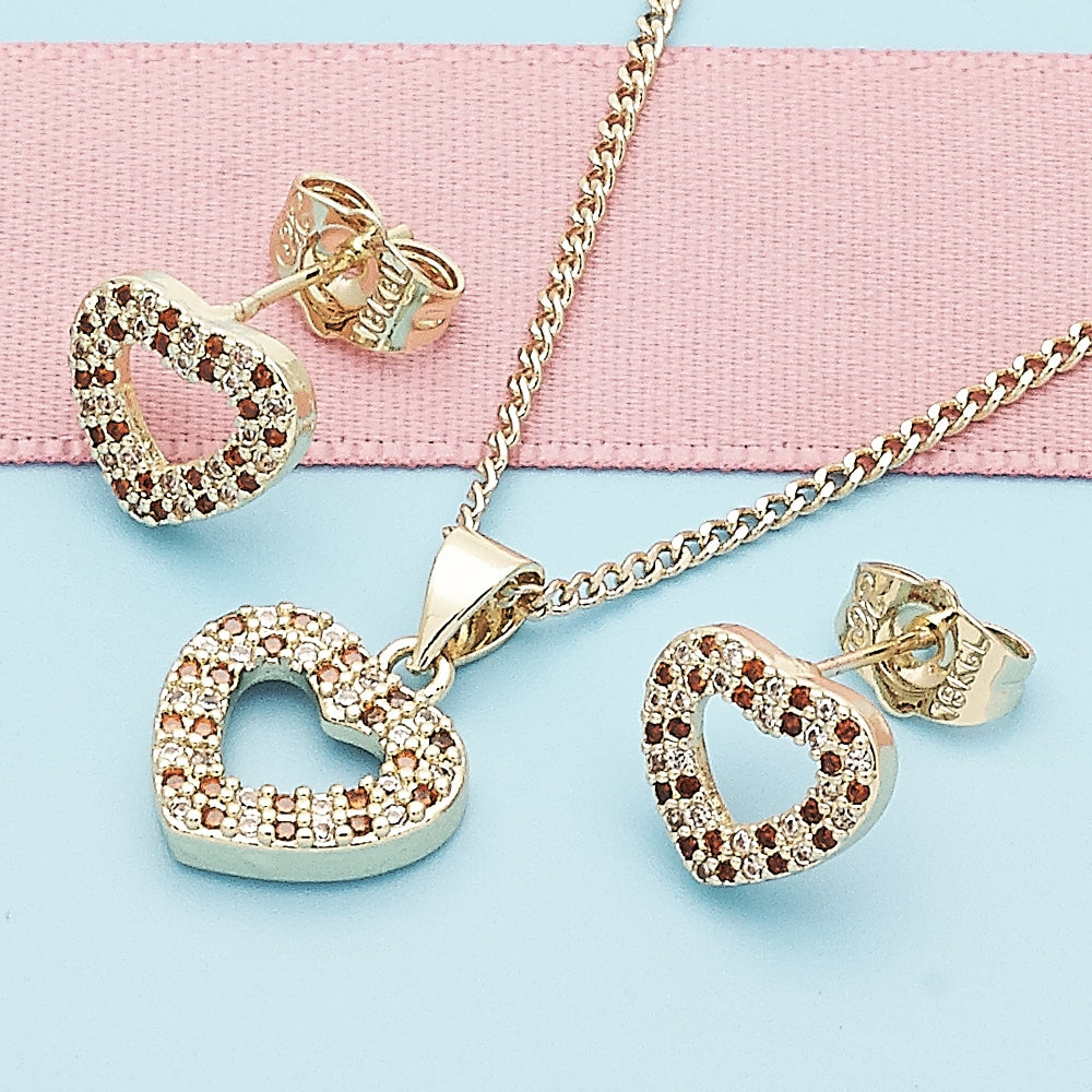 Oro Laminado Earring and Pendant Adult Set, Gold Filled Style Heart Design, with Garnet and White Micro Pave, Polished, Golden Finish