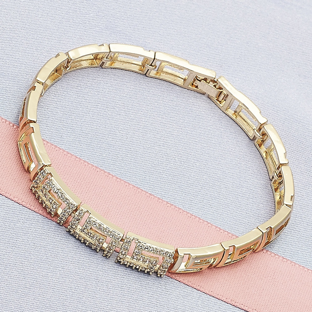 Oro Laminado Fancy Bracelet, Gold Filled Style Greek Key Design, with White Micro Pave, Polished, Golden Finish