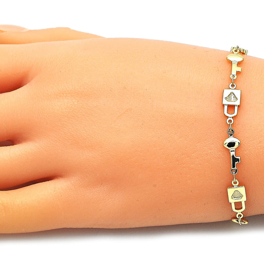 Oro Laminado Fancy Bracelet, Gold Filled Style Lock and key Design, Polished, Golden Finish