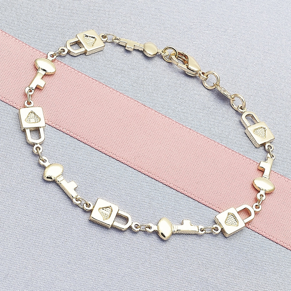 Oro Laminado Fancy Bracelet, Gold Filled Style Lock and key Design, Polished, Golden Finish