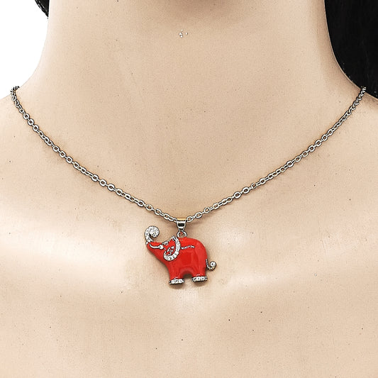 Oro Laminado Fancy Pendant, Gold Filled Style Elephant Design, with White Micro Pave, Red Enamel Finish, Golden Finish
