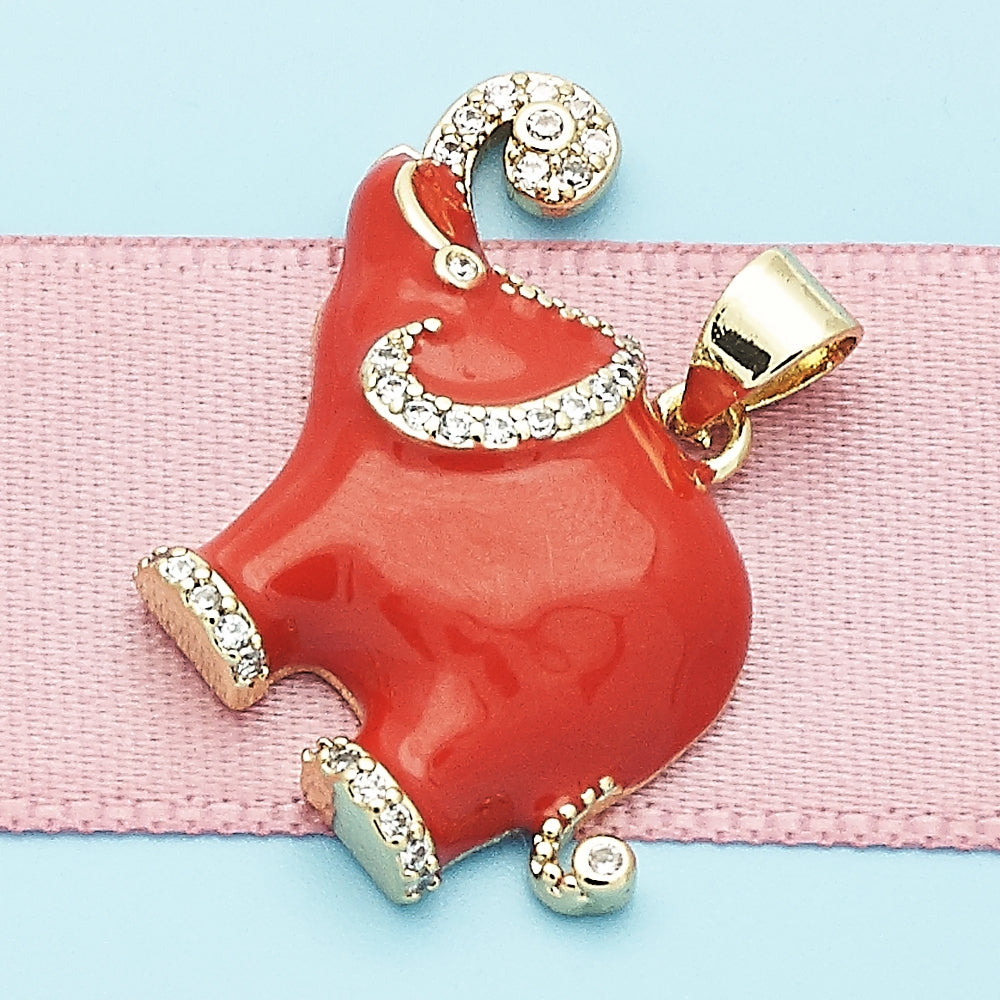 Oro Laminado Fancy Pendant, Gold Filled Style Elephant Design, with White Micro Pave, Red Enamel Finish, Golden Finish