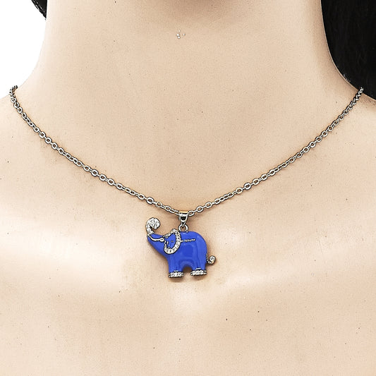 Oro Laminado Fancy Pendant, Gold Filled Style Elephant Design, with White Micro Pave, Blue Enamel Finish, Golden Finish