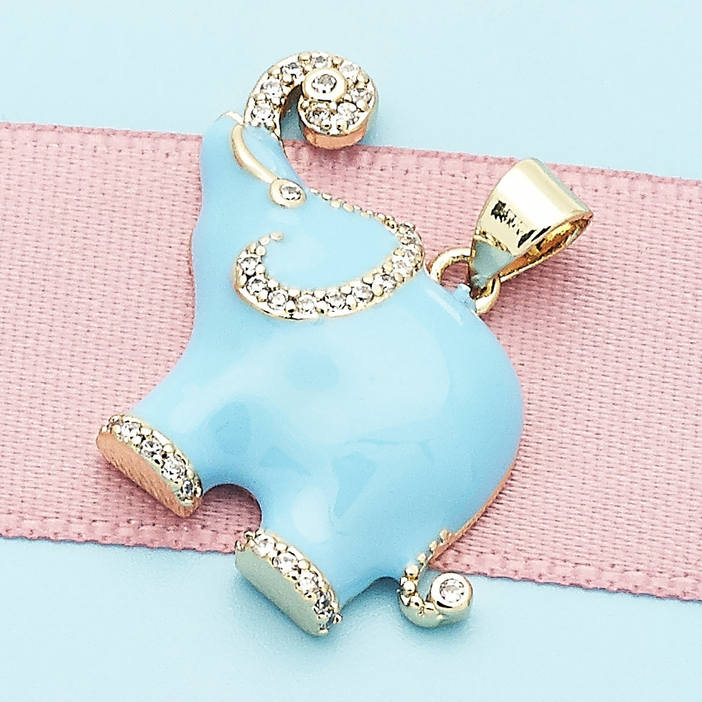Oro Laminado Fancy Pendant, Gold Filled Style Elephant Design, with White Micro Pave, Azul claro Enamel Finish, Golden Finish