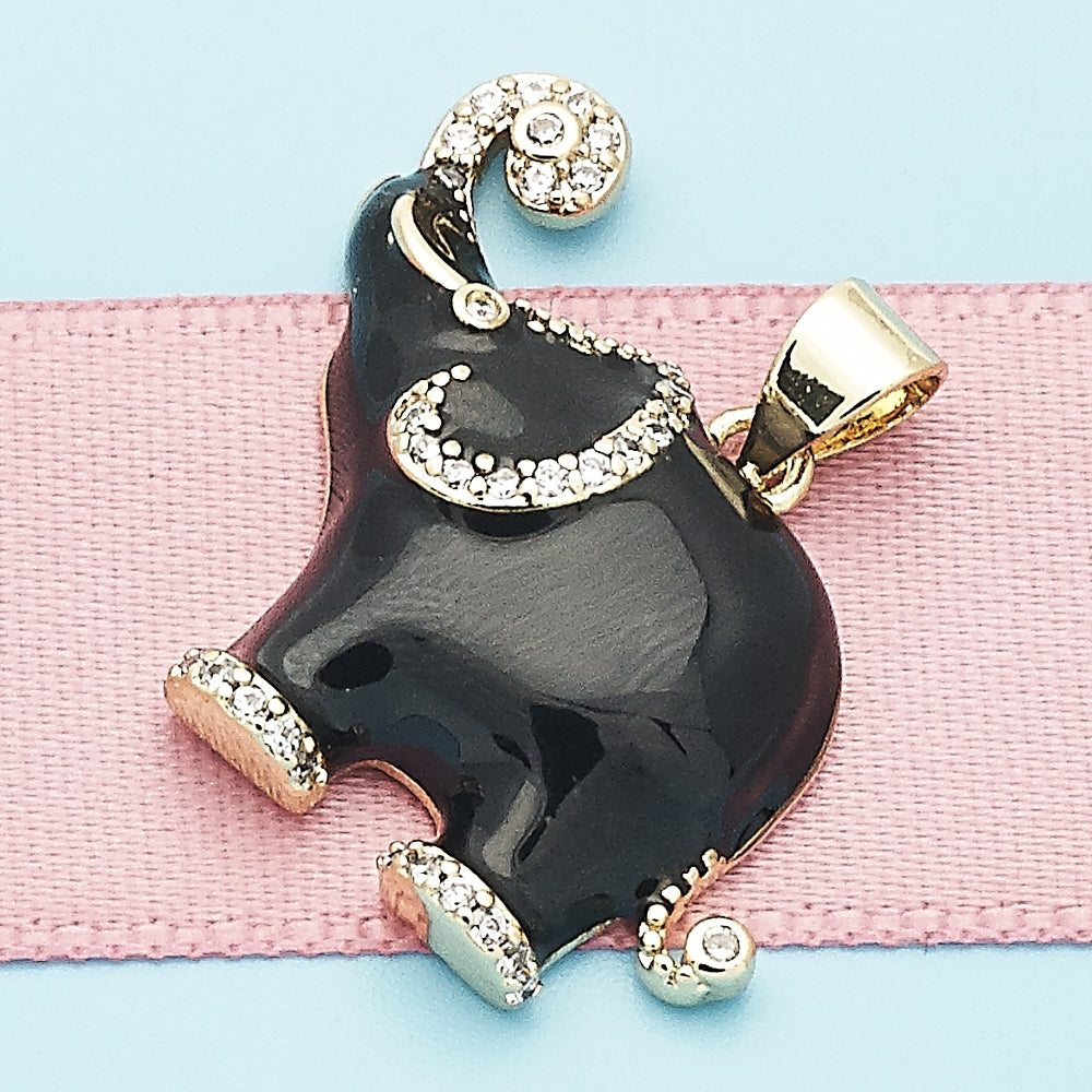 Oro Laminado Fancy Pendant, Gold Filled Style Elephant Design, with White Micro Pave, Black Enamel Finish, Golden Finish