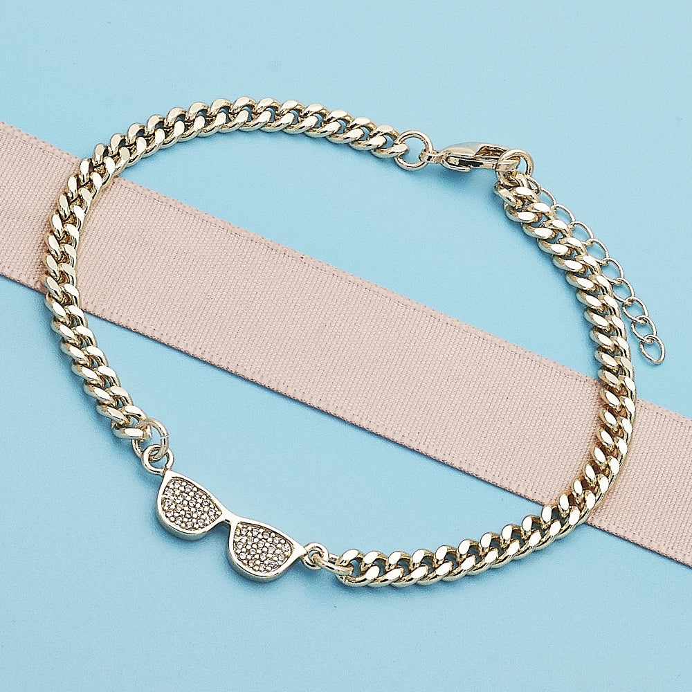 Oro Laminado Fancy Bracelet, Gold Filled Style with White Micro Pave, Polished, Golden Finish