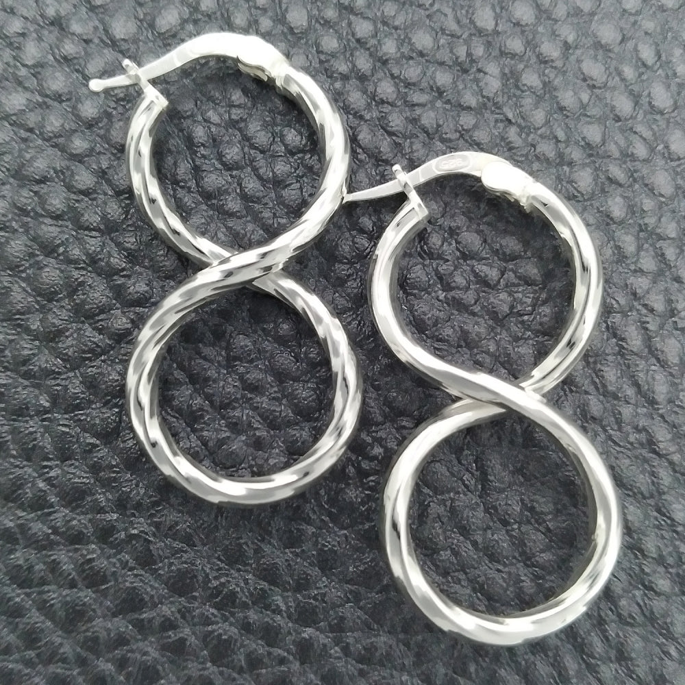 Sterling Silver Medium Hoop, Twist Design, Diamond Cutting Finish, Silver Finish