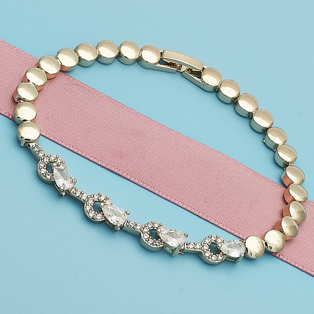 Oro Laminado Fancy Bracelet, Gold Filled Style Teardrop Design, with White Cubic Zirconia, Polished, Golden Finish